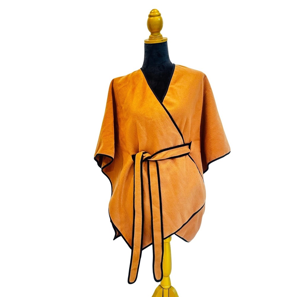 Vince Camuto Belted Wrap Poncho Camel Orange Black Trim One Size O/S T/U